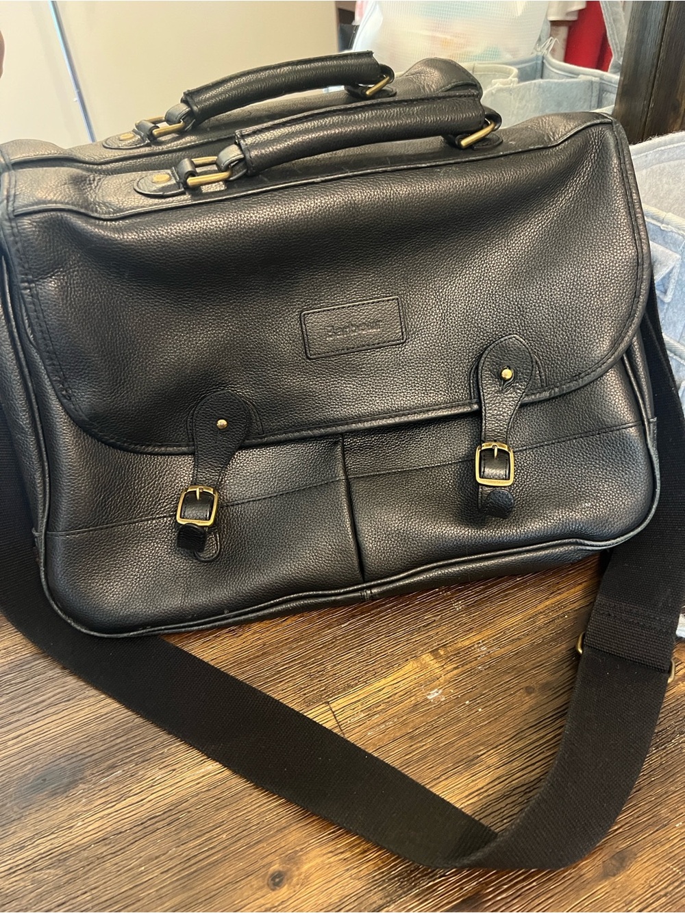 Barbour Black Leather briefcase with Brass Accents